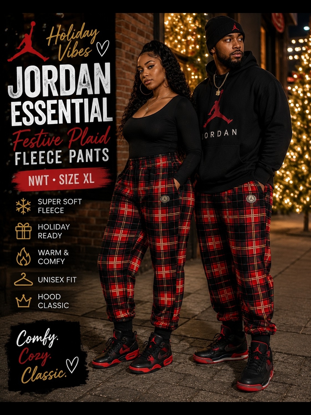 Jordan Essential Festive Plaid Fleece Pants - Red/Black - Jordan - XL